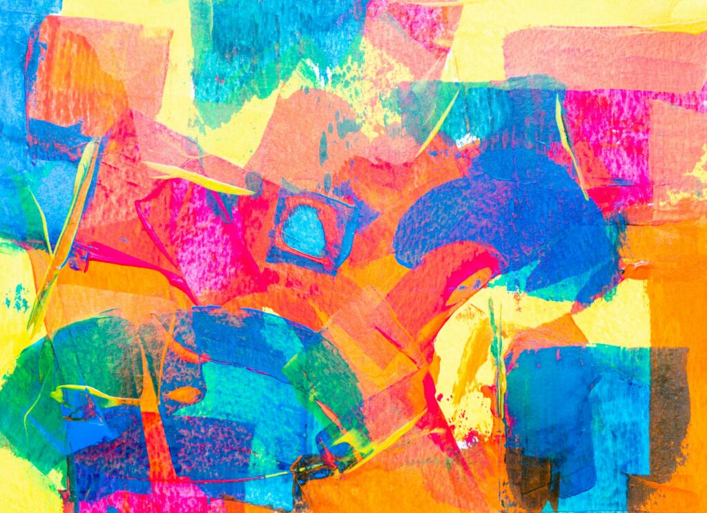 Dynamic abstract artwork featuring vivid blue, red, and yellow colors on canvas.
